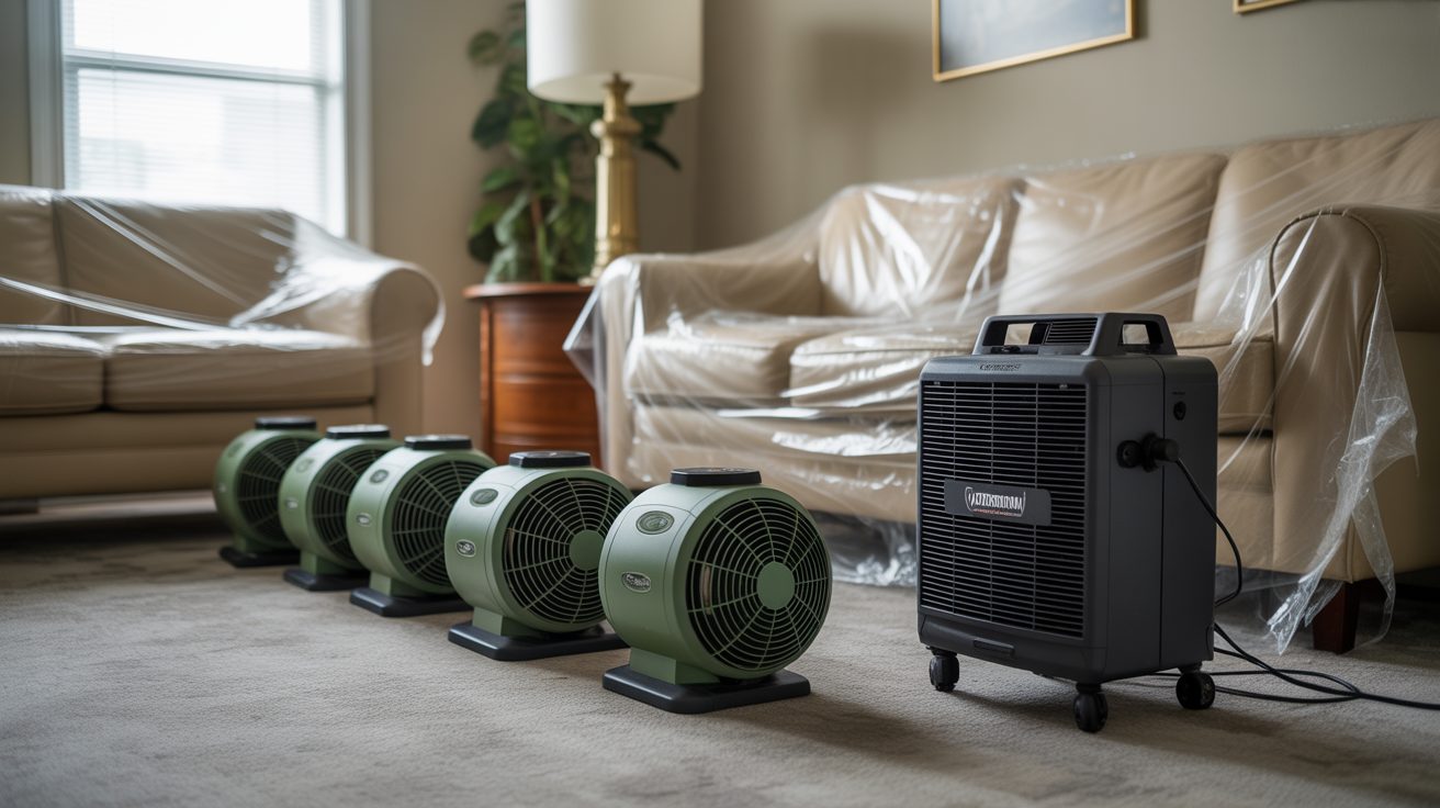 Commercial water damage equipment staged inside a Albuquerque home